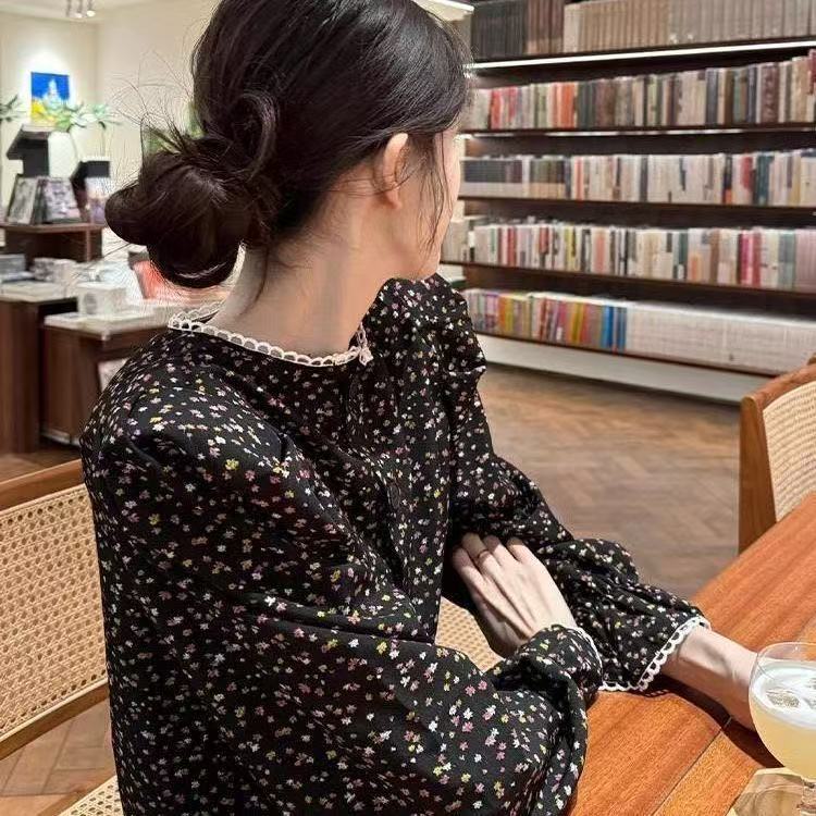 Plus Size Black Floral Shirt Women's Autumn French Style Top - Image 4