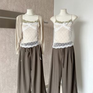 Minimal Korean Style Long Sleeve Cardigan Cami Top and High Waist Pants Three Piece Set