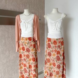 Korean Floral High Waist Skirt Long Sleeve Cardigan Lace Cami 3 Piece Set