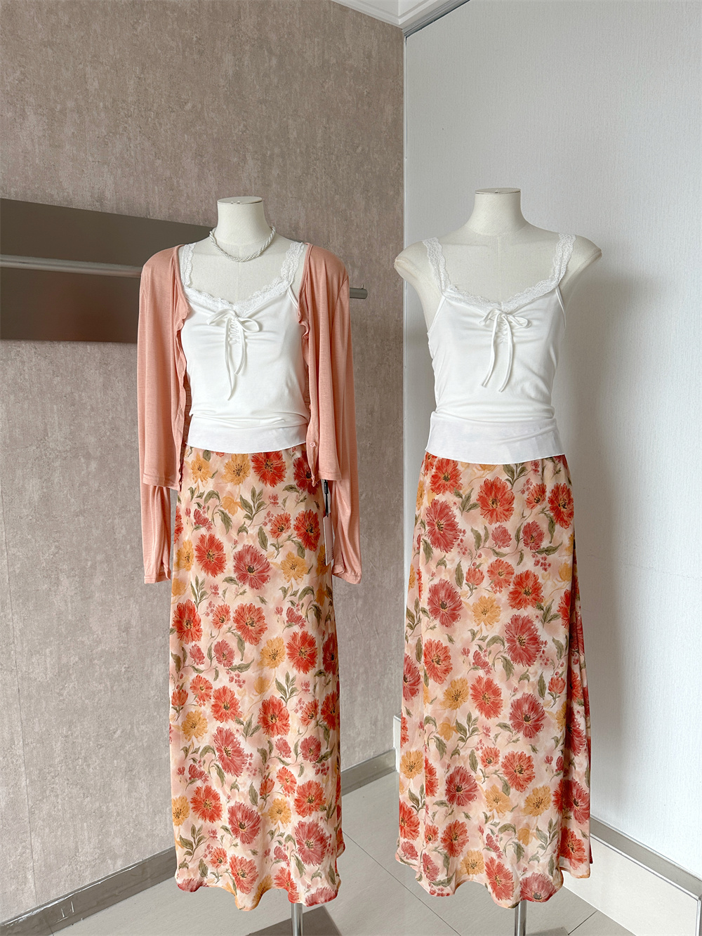 Korean Floral High Waist Skirt Long Sleeve Cardigan Lace Cami 3 Piece Set