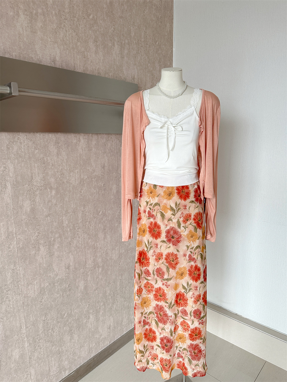 Korean Floral High Waist Skirt Long Sleeve Cardigan Lace Cami 3 Piece Set - Image 2