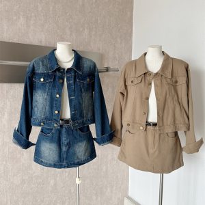 Women's Relaxed Denim Jacket and Skirt Two-Piece Set with Belt