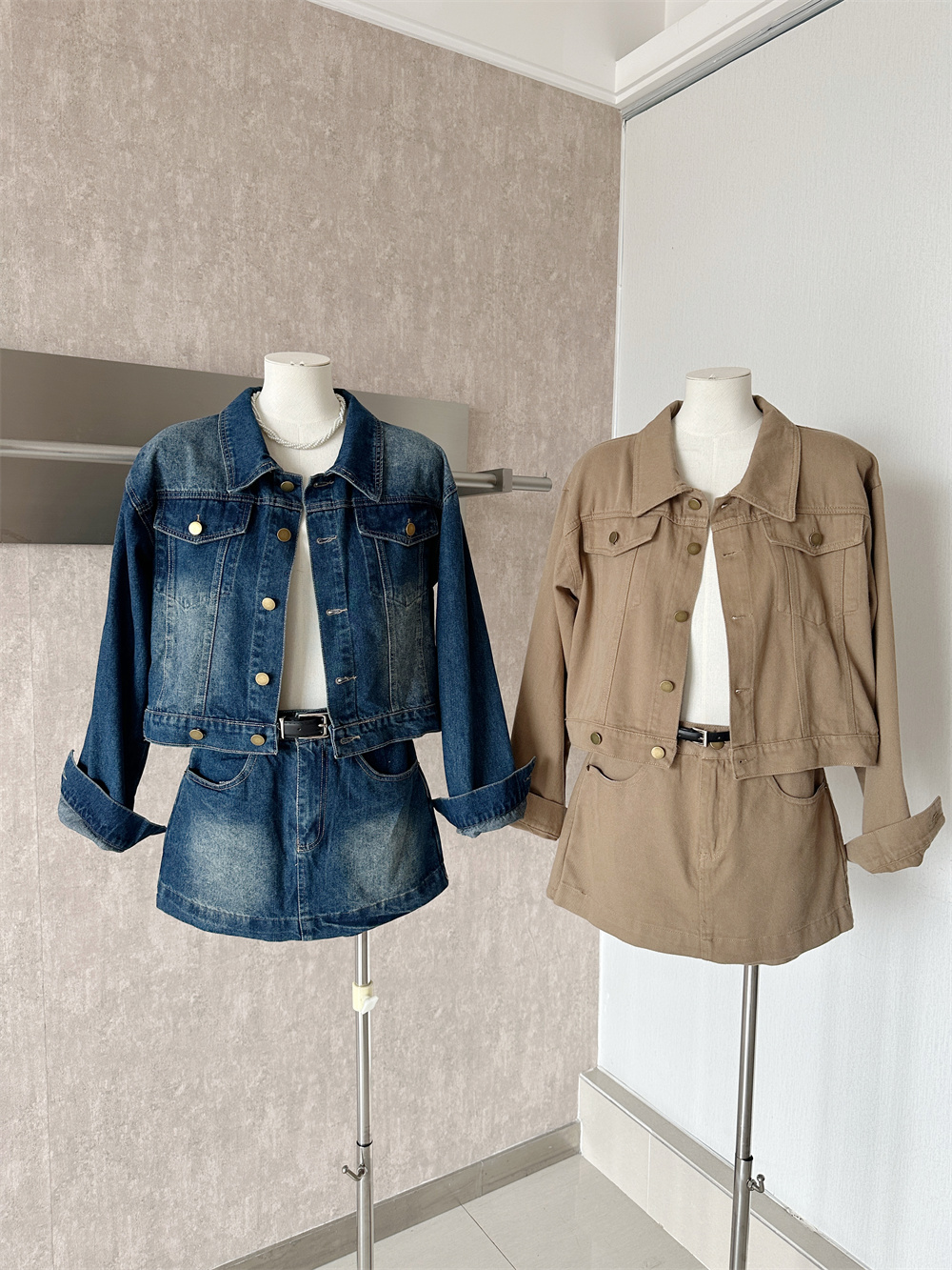 Women's Relaxed Denim Jacket and Skirt Two-Piece Set with Belt