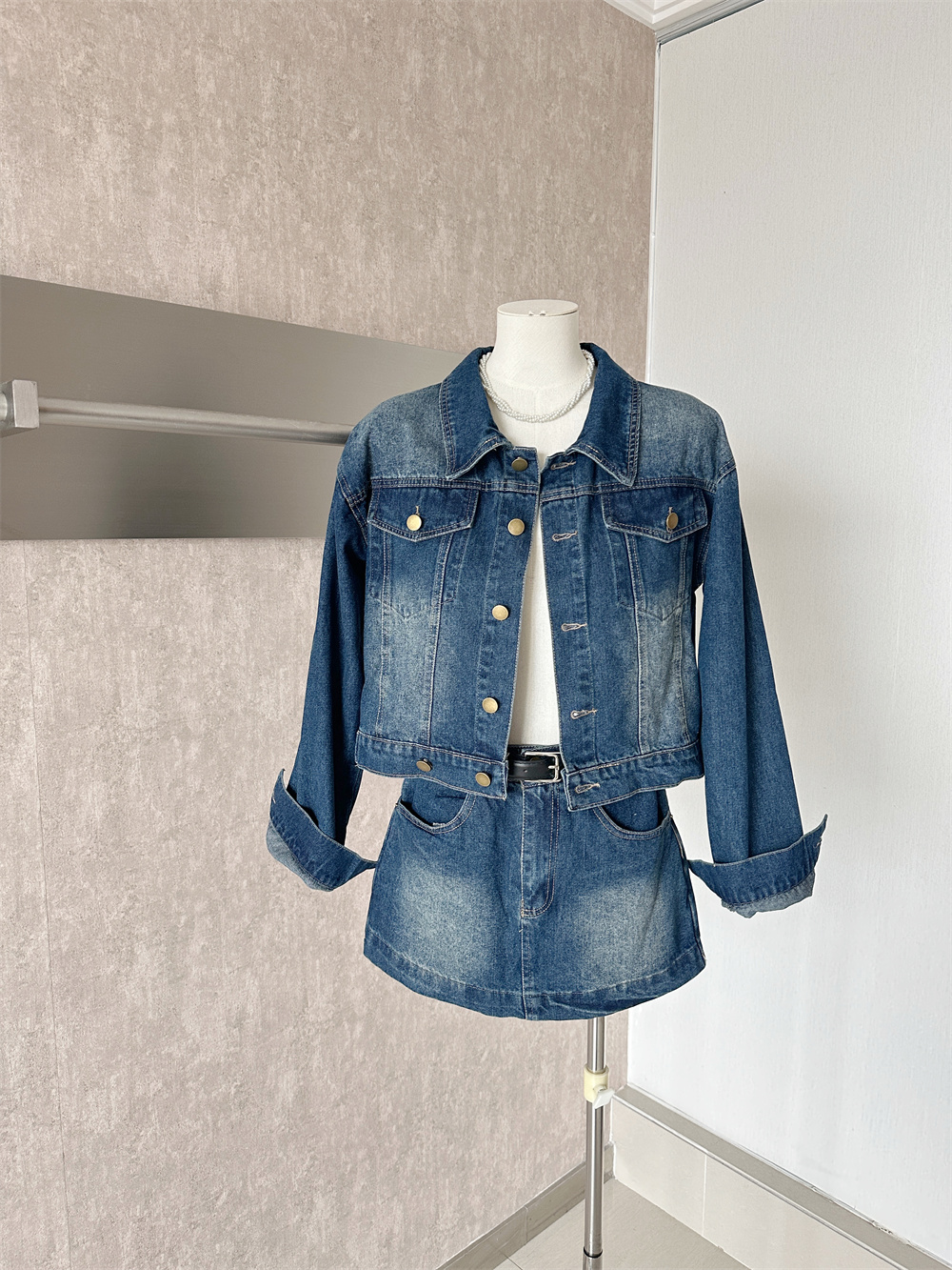 Women's Relaxed Denim Jacket and Skirt Two-Piece Set with Belt - Image 2