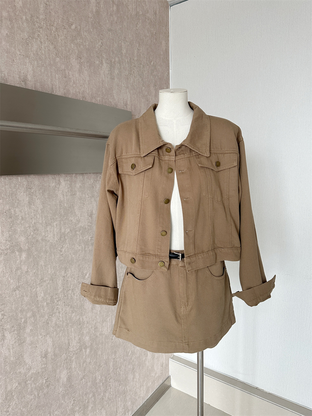 Women's Relaxed Denim Jacket and Skirt Two-Piece Set with Belt - Image 3