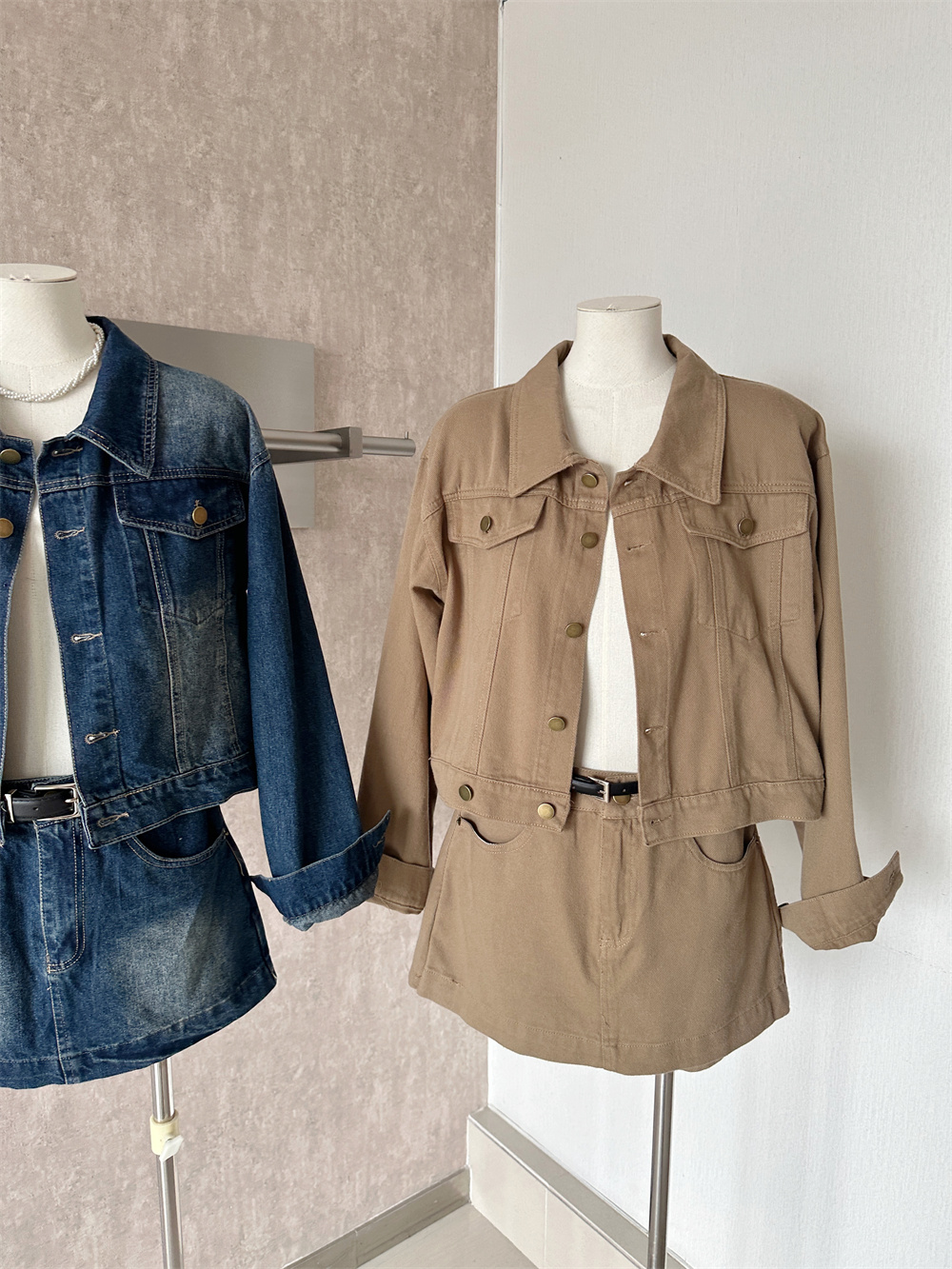 Women's Relaxed Denim Jacket and Skirt Two-Piece Set with Belt - Image 4