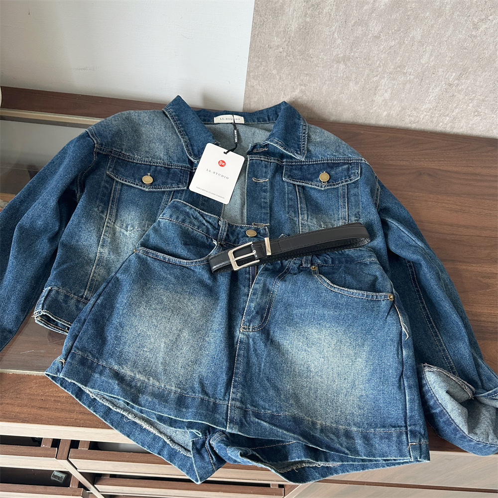 Women's Relaxed Denim Jacket and Skirt Two-Piece Set with Belt - Image 5