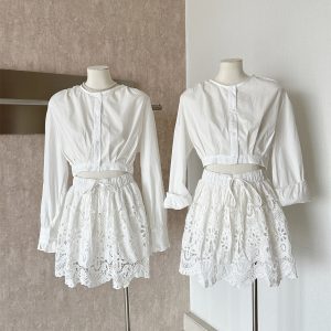 Sweet Vacation Style Puff Sleeve Crop Top Two-Piece Set for Women