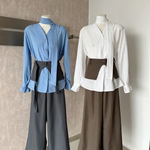 French Polka Dot Shirt High Waist Pants Three Piece Set