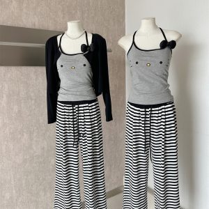 Korean Style Sun Protection Cardigan with Cami and Striped Pants 3-Piece Set Fall 2026 New