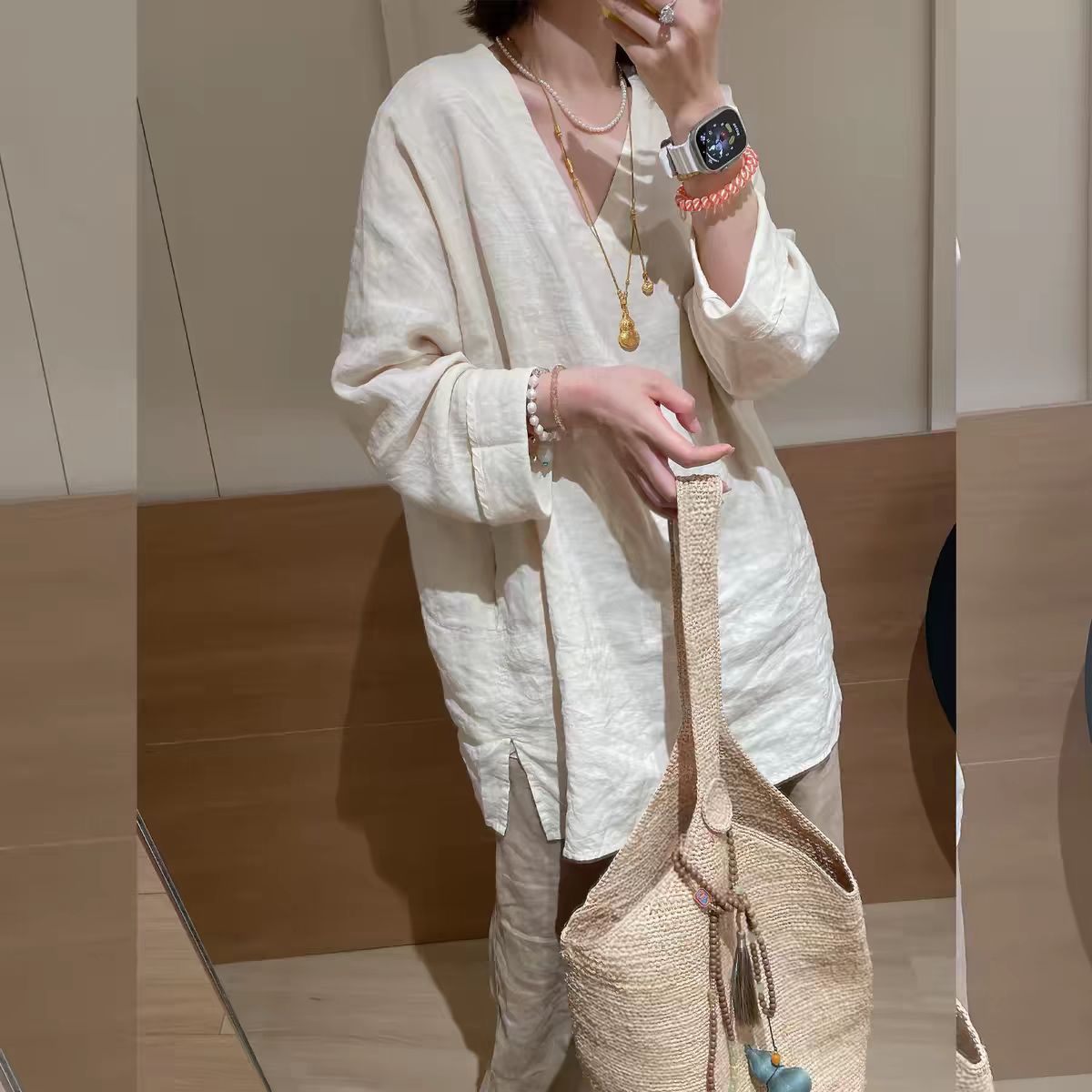 Autumn New Relaxed Fit Korean Style Cotton Linen V-Neck Long Sleeve Shirt - Image 2