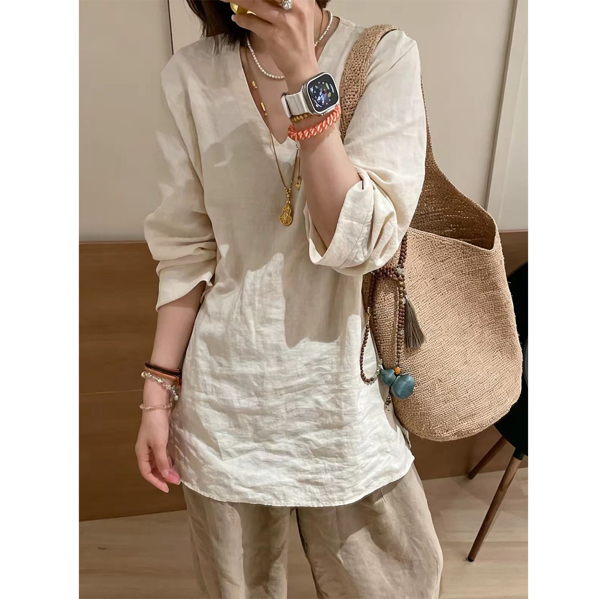 Autumn New Relaxed Fit Korean Style Cotton Linen V-Neck Long Sleeve Shirt - Image 5