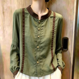 Autumn New Commute Style Green Lantern Sleeve Shirt Women Color Block Patchwork Elegant Versatile Top - Style 6f9222