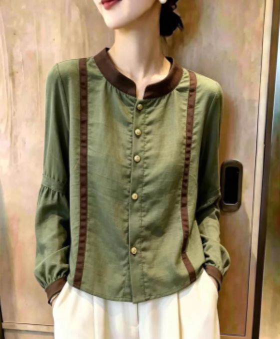 Autumn New Commute Style Green Lantern Sleeve Shirt Women Color Block Patchwork Elegant Versatile Top - Style 6f9222