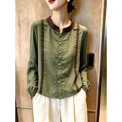 Autumn New Commute Style Green Lantern Sleeve Shirt Women Color Block Patchwork Elegant Versatile Top - Style 6f9222 - Image 2