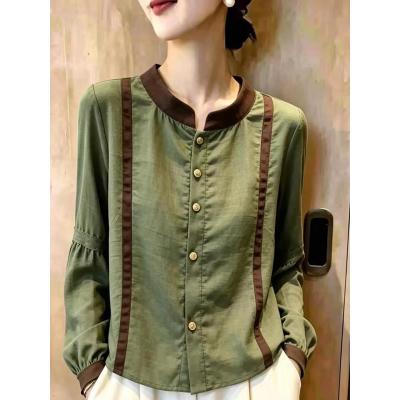 Autumn New Commute Style Green Lantern Sleeve Shirt Women Color Block Patchwork Elegant Versatile Top - Style 6f9222 - Image 3