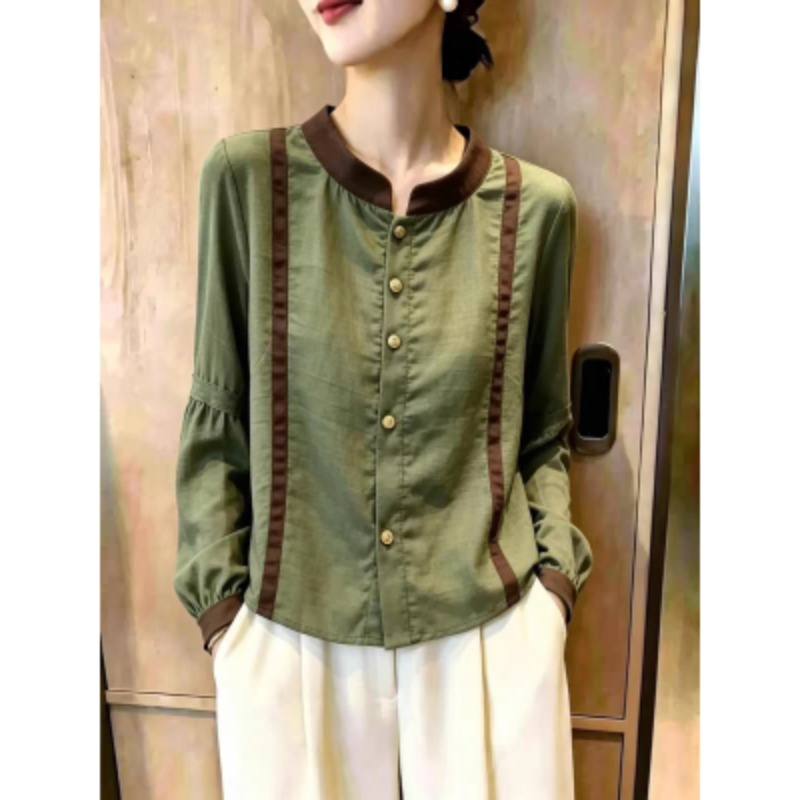 Autumn New Commute Style Green Lantern Sleeve Shirt Women Color Block Patchwork Elegant Versatile Top - Style 6f9222 - Image 5