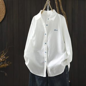 Autumn New Loose Versatile Cotton Shirt Women Casual Long Sleeve Embroidered Blouse