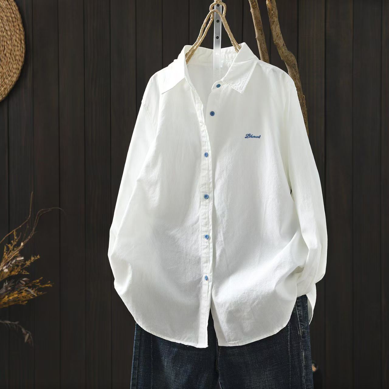 Autumn New Loose Versatile Cotton Shirt Women Casual Long Sleeve Embroidered Blouse