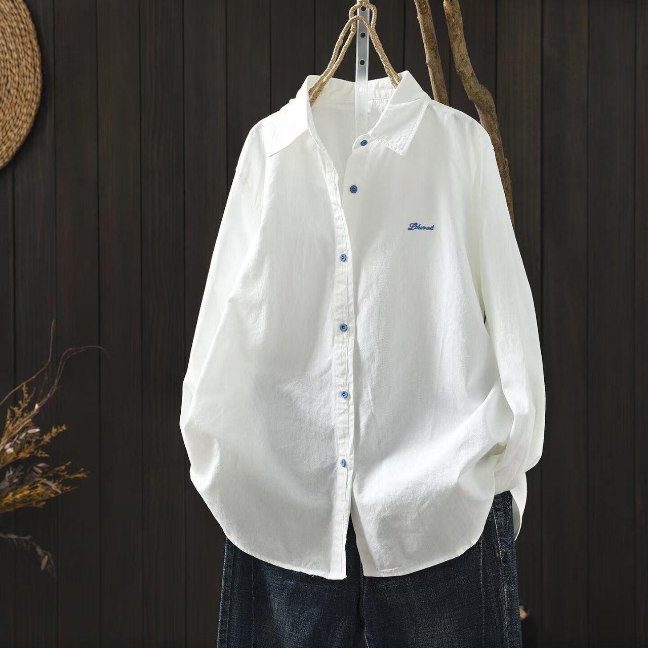 Autumn New Loose Versatile Cotton Shirt Women Casual Long Sleeve Embroidered Blouse - Image 5