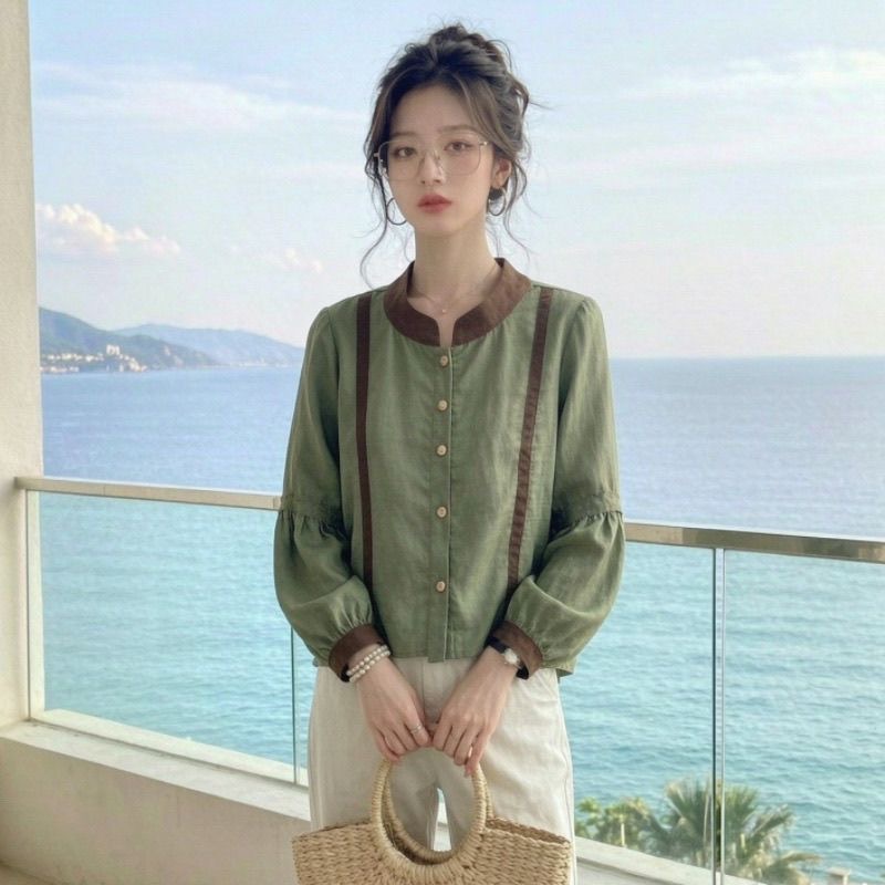 Autumn New Commute Style Green Lantern Sleeve Shirt Women Color Block Patchwork Elegant Versatile Top - Style 441966 - Image 2