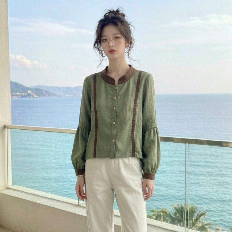 Autumn New Commute Style Green Lantern Sleeve Shirt Women Color Block Patchwork Elegant Versatile Top - Style 441966 - Image 3