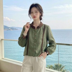Autumn New Commute Style Green Lantern Sleeve Shirt Women Color Block Patchwork Elegant Versatile Top - Style 441966