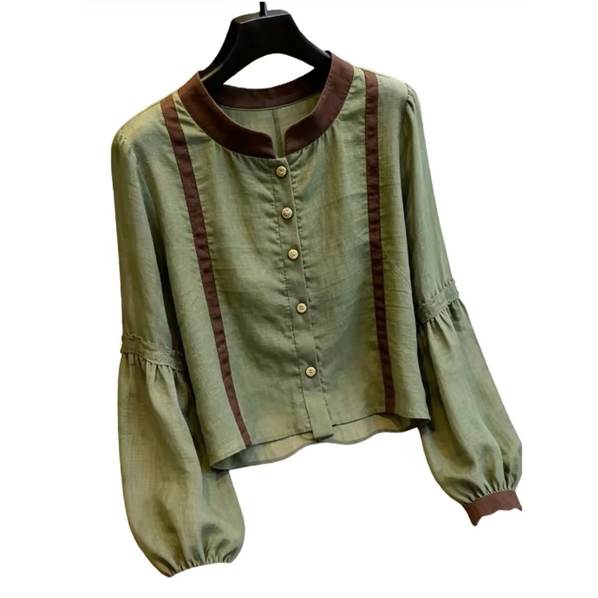 Autumn New Commute Style Green Lantern Sleeve Shirt Women Color Block Patchwork Elegant Versatile Top - Style 441966 - Image 5