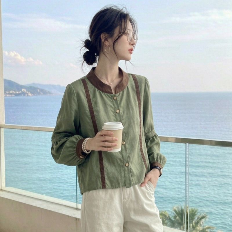 Autumn New Commute Style Green Lantern Sleeve Shirt Women Color Block Patchwork Elegant Versatile Top - Style 441966 - Image 4